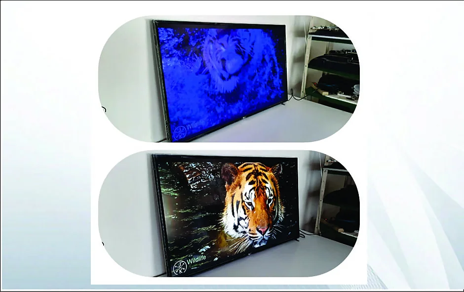 Comparativa antes y después de reparar imagen azulada en Smart TV por falla de retroiluminación LED