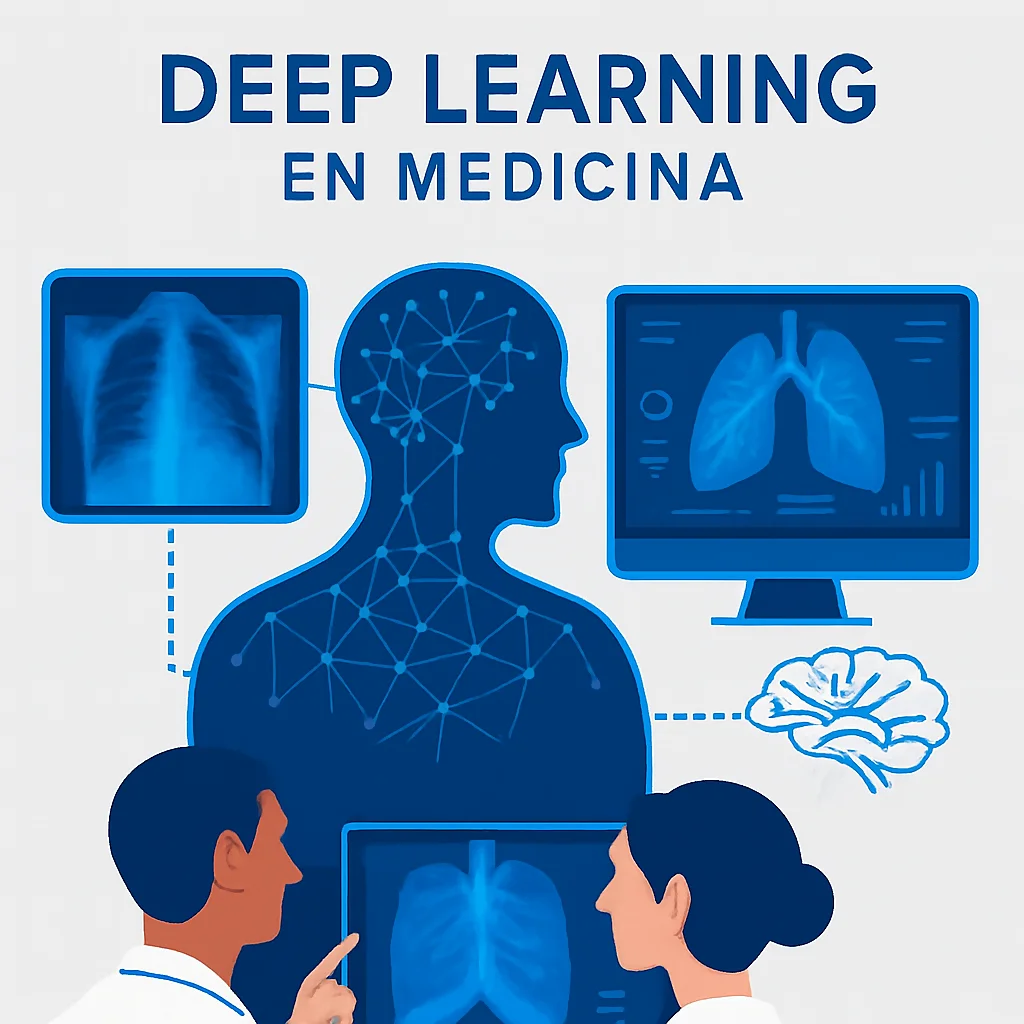 Ilustración premium sobre el impacto del aprendizaje profundo en medicina. Muestra una silueta humana con redes neuronales digitales conectadas a una radiografía, un monitor con imagen pulmonar y un cerebro estilizado, representando el análisis avanzado de imágenes médicas mediante inteligencia artificial.