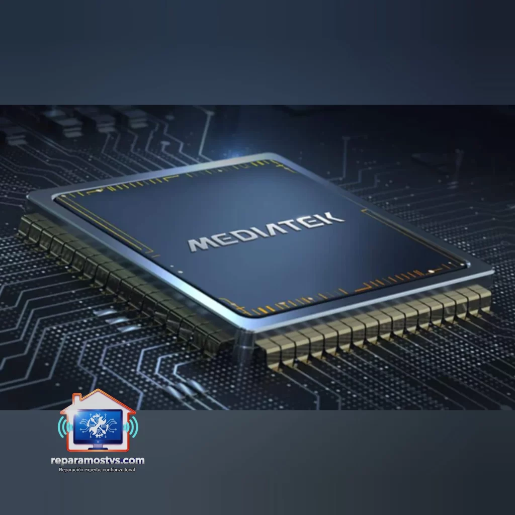 Primer plano de un procesador MediaTek montado sobre una placa electrónica, con bordes metálicos y conectores dorados, rodeado por trazos de circuito impreso en fondo oscuro.