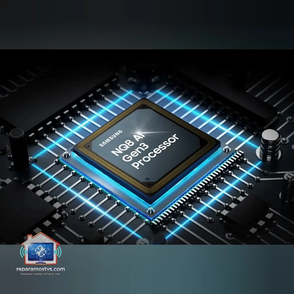 Primer plano de un procesador Samsung NQ8 AI Gen3 montado sobre una placa electrónica, con trazos luminosos azules que representan conexiones digitales. Fondo oscuro, estilo tecnológico, sin presencia humana.