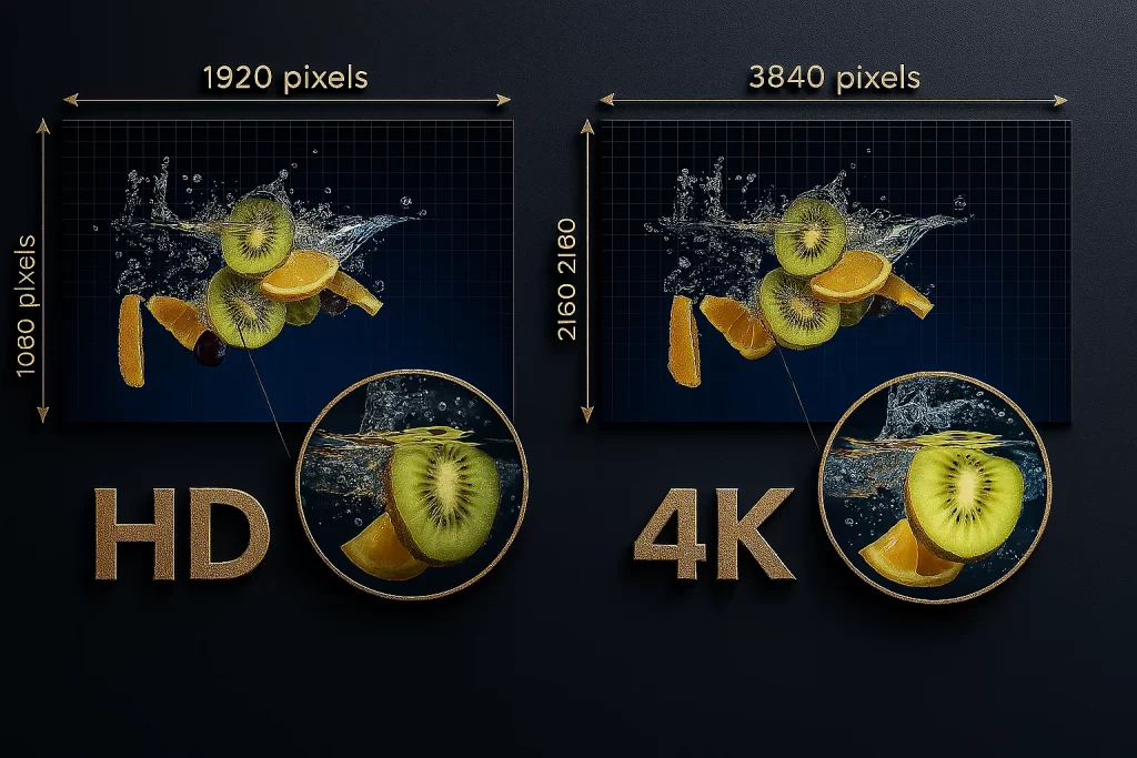 Comparativa visual entre resolución HD y 4K mostrando frutas como kiwi, naranja, limón y uva en movimiento acuático, con diferencias de nitidez y detalle, ideal para destacar calidad de imagen en servicios digitales y audiovisuales premium.