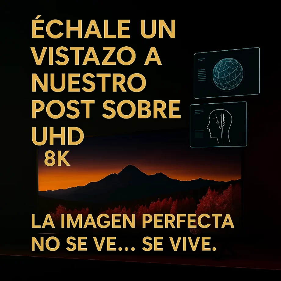 Promoción de tecnología UHD con imagen de paisaje al atardecer y gráficos técnicos, creada desde Floridablanca, Santander para destacar innovación visual