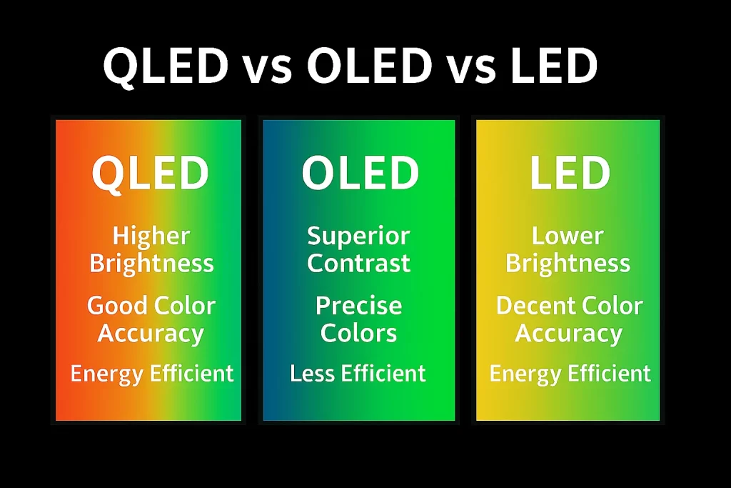 Comparativa rápida entre tecnologías LED, OLED y QLED en televisores Smart TV: brillo, contraste y durabilidad