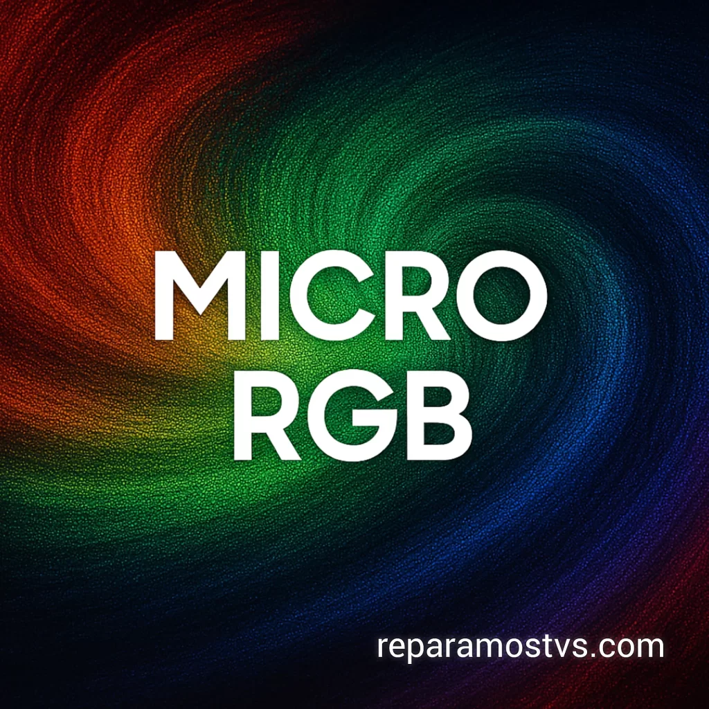 Imagen cuadrada de tecnología Micro RGB con fondo degradado y dispersión de luz roja, verde y azul; representa precisión cromática y emoción visual frente a OLED y QLED.