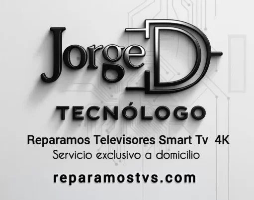 Logo Jorge D Tecnólogo sobre fondo de circuito, anuncio de reparación de televisores Smart TV 4K con servicio exclusivo a domicilio en Bucaramanga, Floridablanca, Girón y Piedecuesta – reparamostvs.com