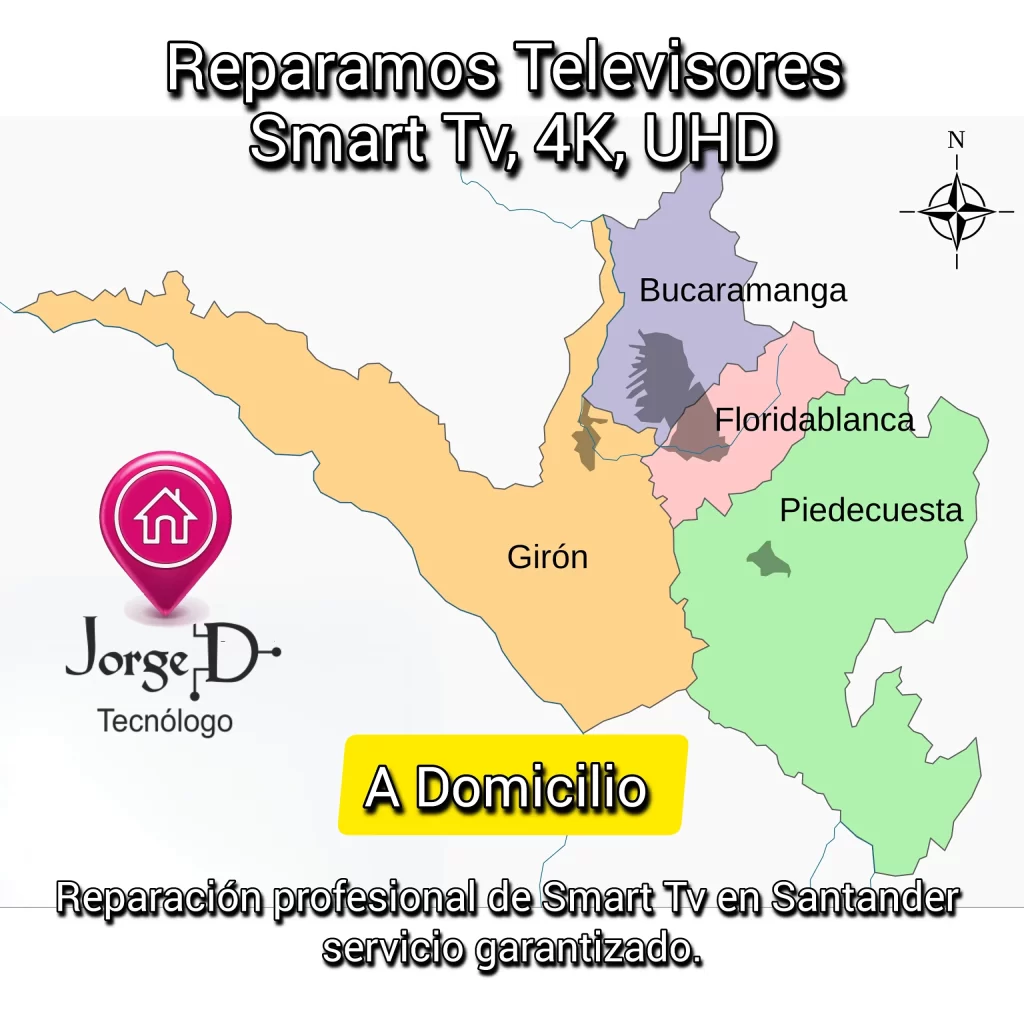 Áreas de cobertura del servicio técnico premium de televisores Smart TV, Android TV y 4K UHD en Bucaramanga, Floridablanca, Girón, Piedecuesta y Lebrija.
