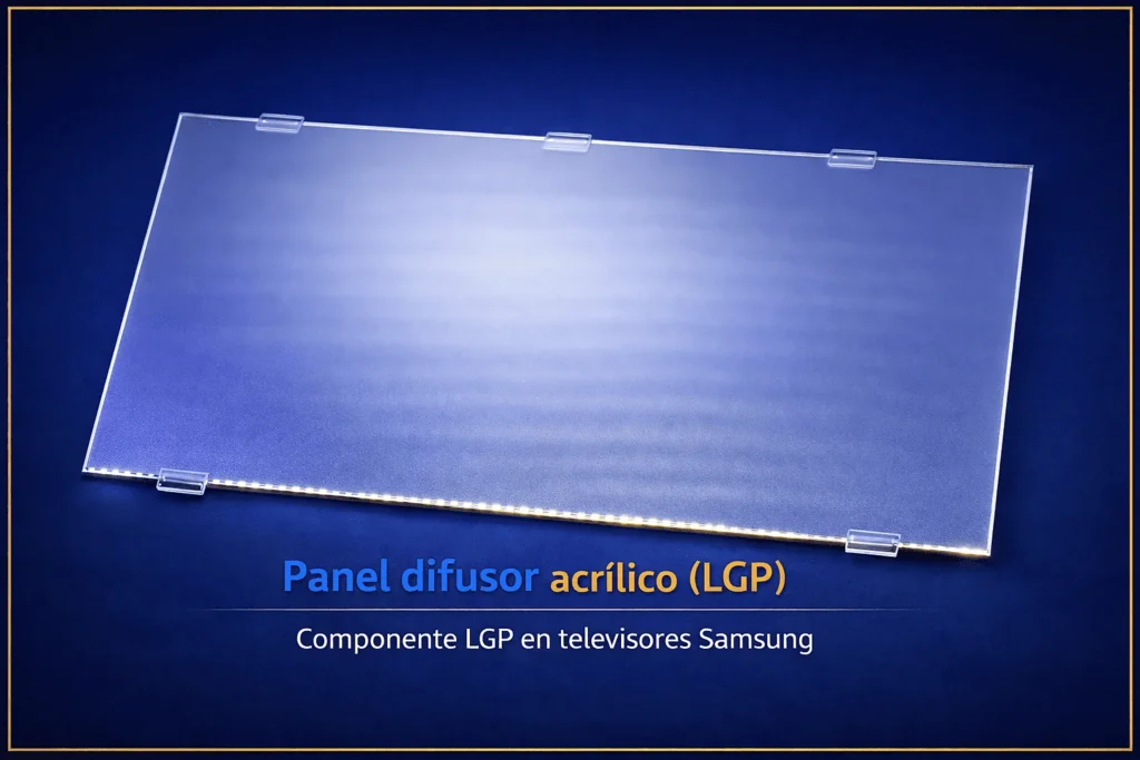 Acrílico difusor LGP iluminado, componente clave en televisores Edge LED. Imagen técnica exclusiva de ReparamosTVs.com. 