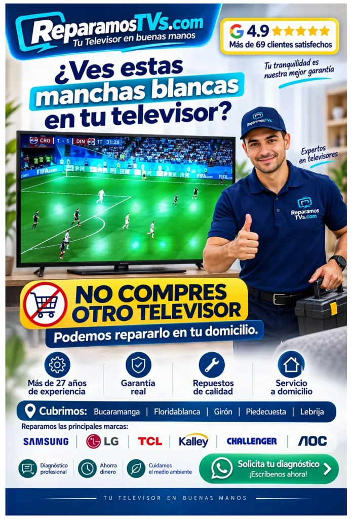 Televisor con manchas blancas en la pantalla debido a falla en la iluminación LED, servicio técnico especializado a domicilio de ReparamosTVs.com en Bucaramanga, Floridablanca, Girón, Piedecuesta y Lebrija.