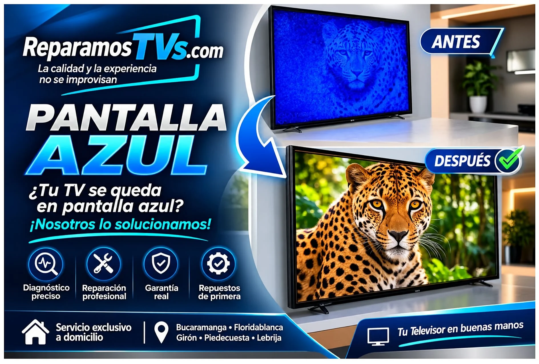 Televisor Smart TV con falla de pantalla azul durante servicio antes y después de reparación a domicilio en Floridablanca y Bucaramanga.