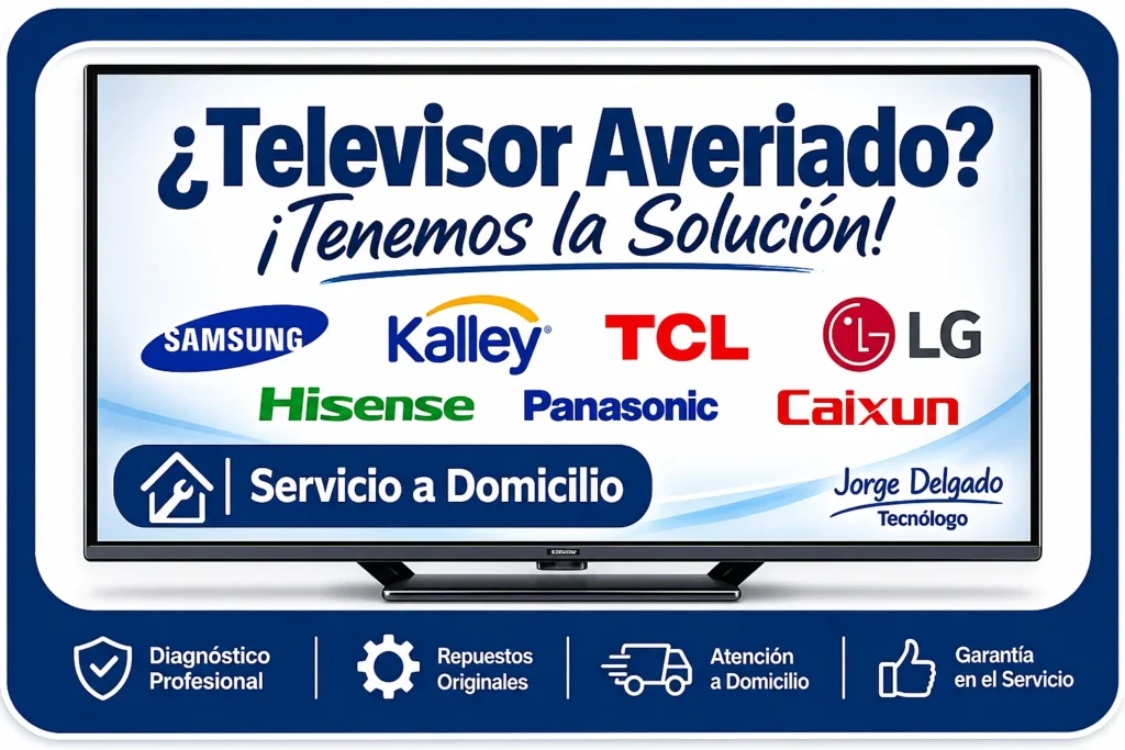 Servicio técnico de reparación de televisores Smart TV a domicilio en Bucaramanga y Floridablanca para marcas Samsung, LG, TCL, Kalley, Hisense, AOC, TCL,  Panasonic y Caixun.