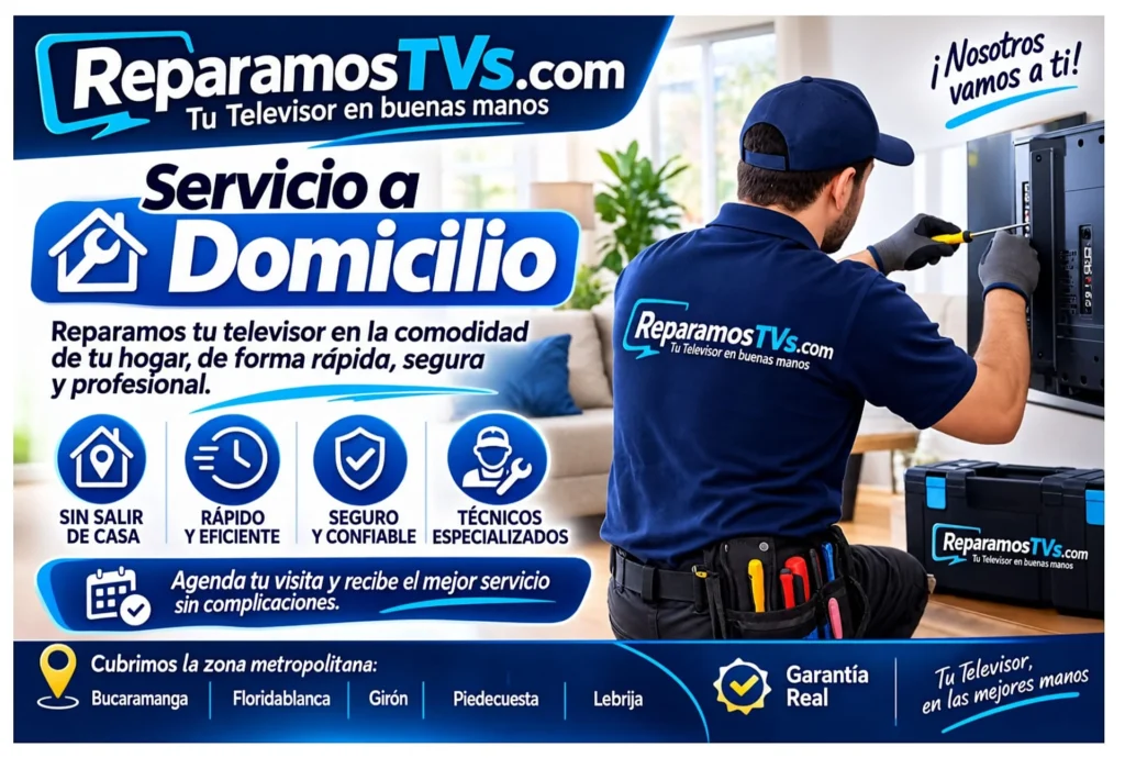Técnico de ReparamosTVs realizando reparación de televisor a domicilio en Bucaramanga.